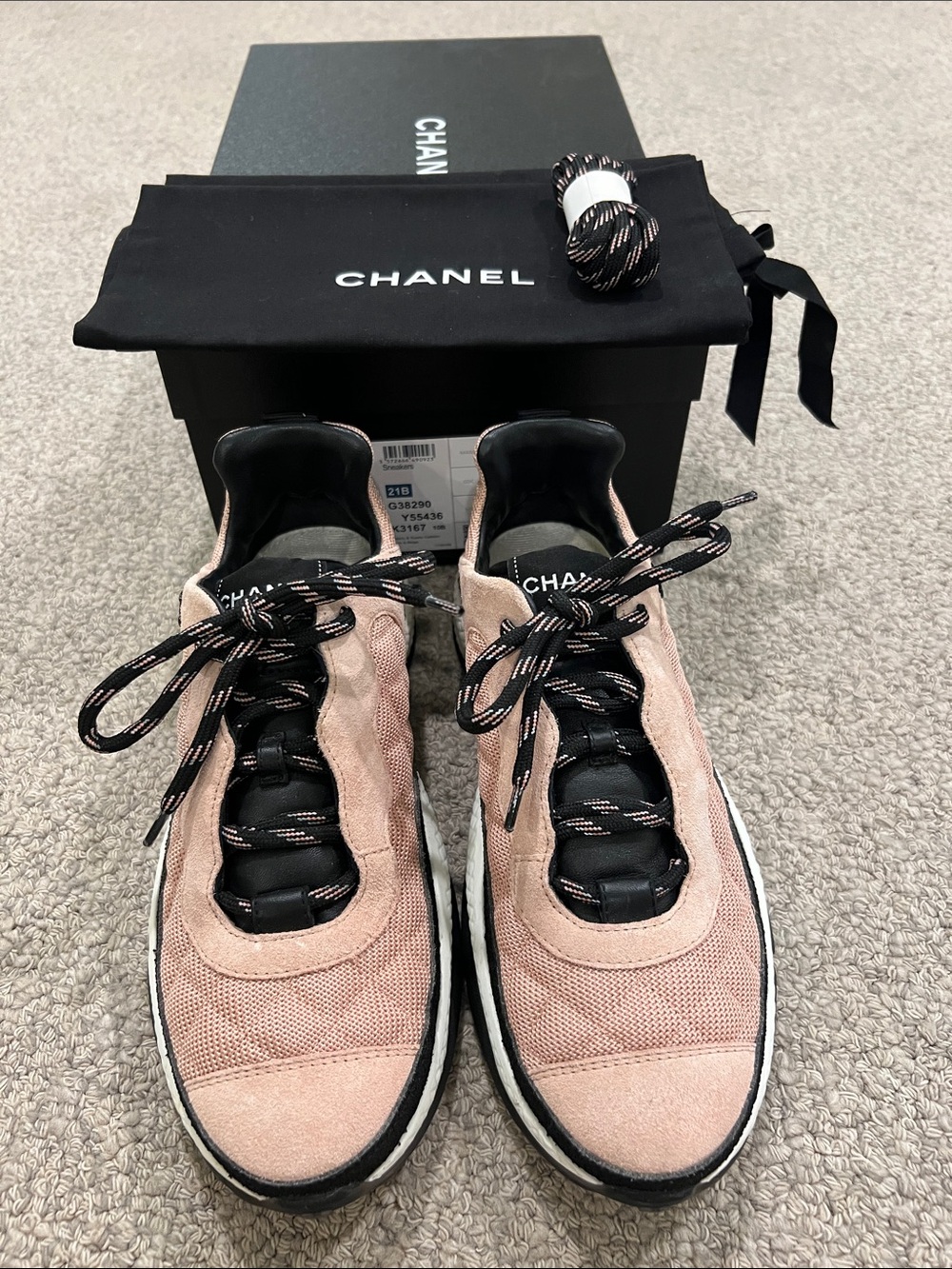 CHANEL Pink Suede & Mesh Low-Top Sneakers with Black Accents